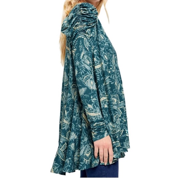 Free People Ruched Puff Sleeve Turquoise Floral Print Tunic Blouse Top Dress - Picture 5 of 12